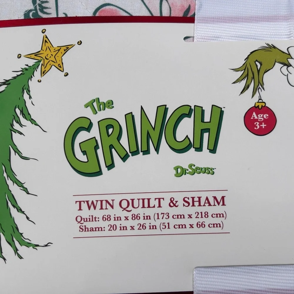 Dr. Seuss The Grinch Kids Twin Bed Quilt & Sham Set Christmas Holiday NWT